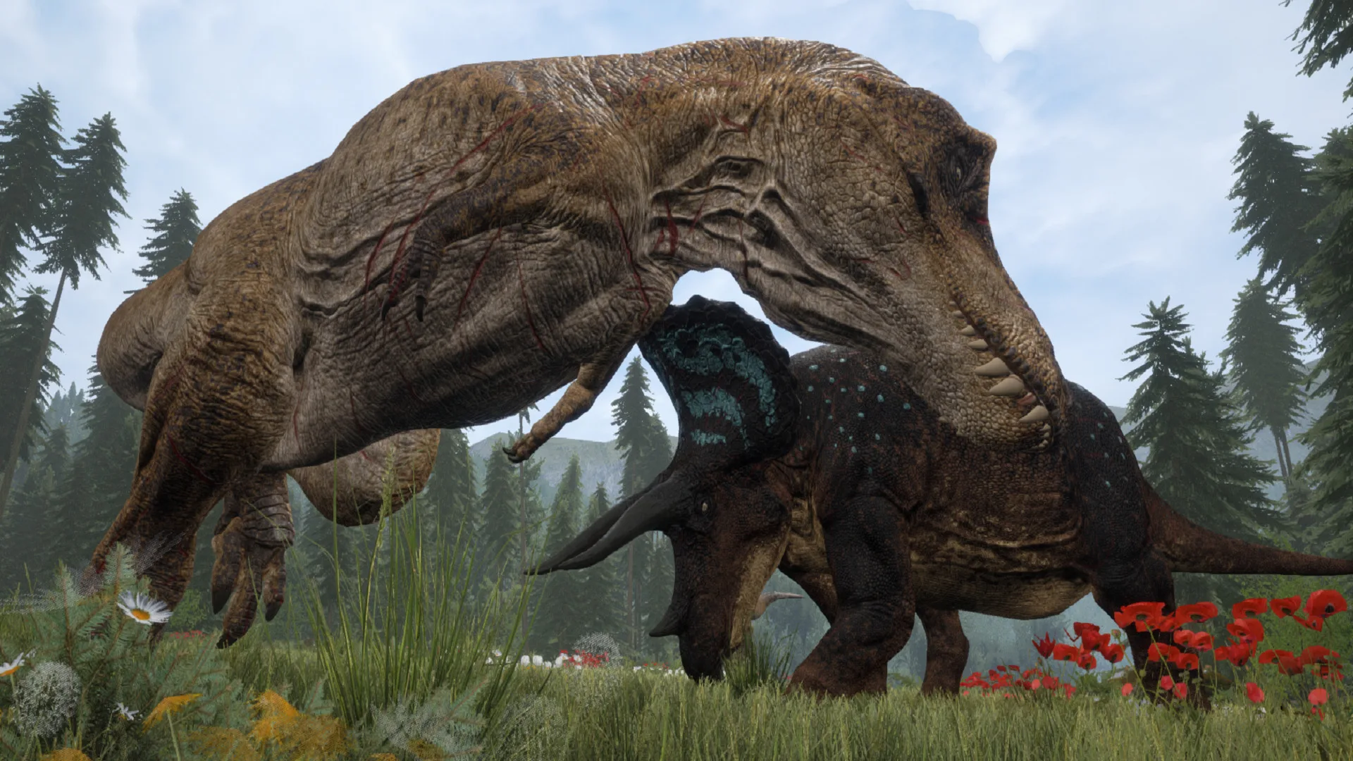 Tyrannosaur moving through forest in The Isle — Visuals ESP threat tracking scene
